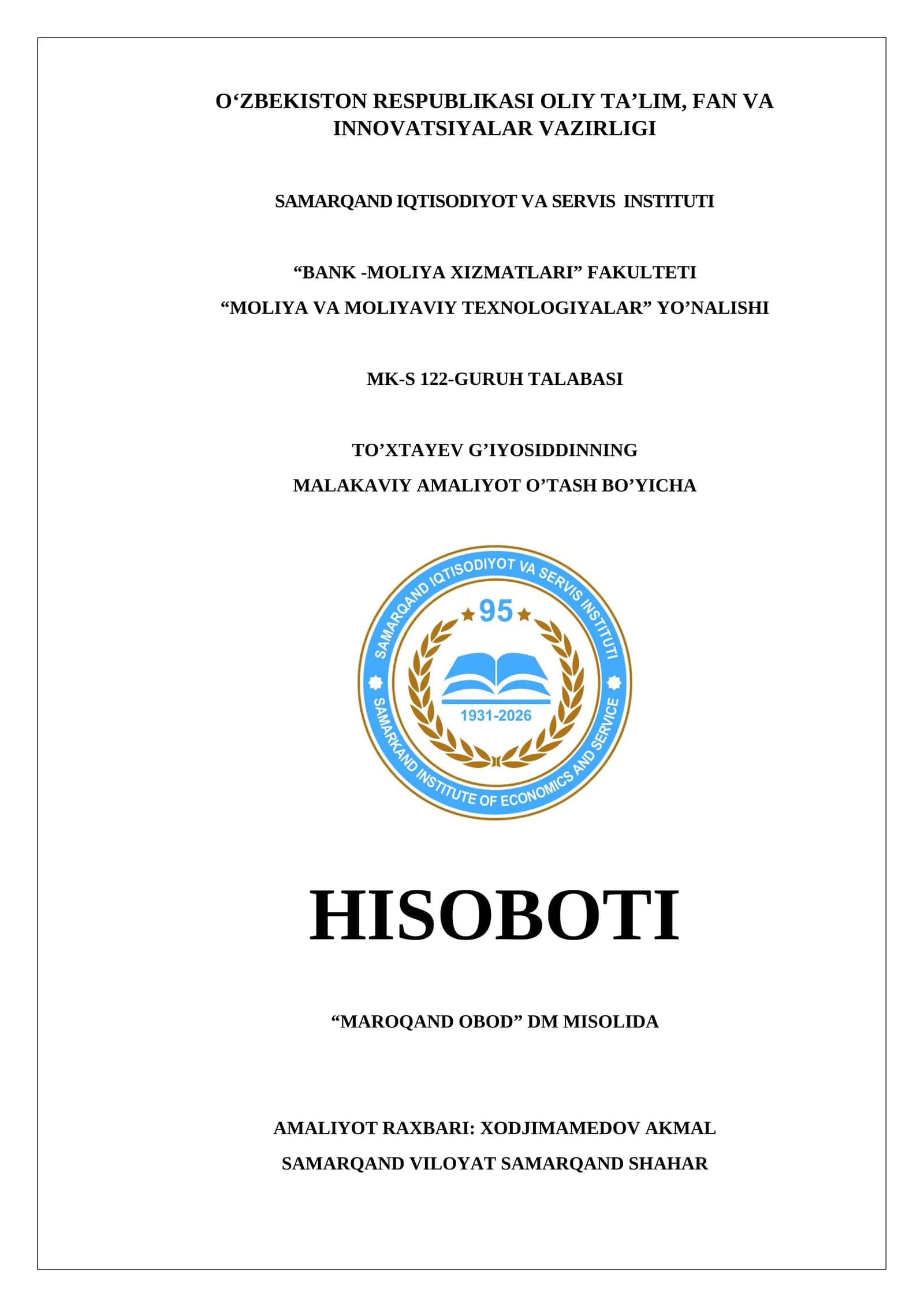 Malakaviy amaliyot o'tash bo'yicha hisoboti 1