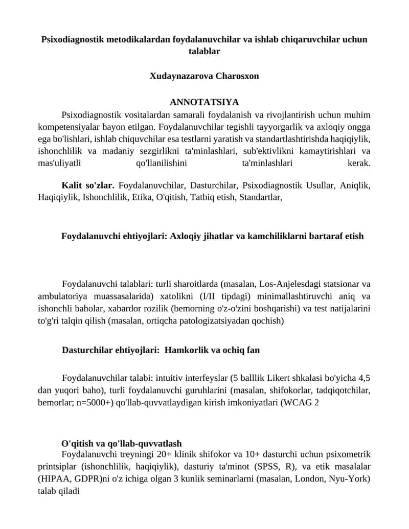 Psixodiagnostik metodikalardan foydalanuvchilar va ishlab chiqaruvchilar uchun talablar 1