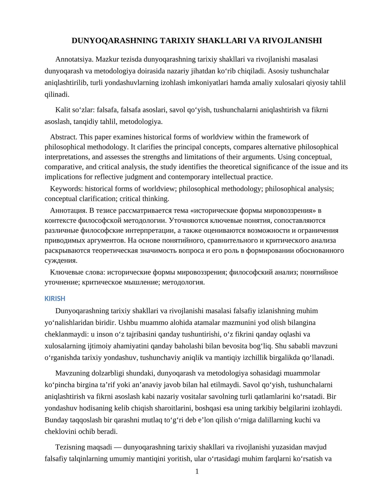 DUNYOQARASHNING TARIXIY SHAKLLARI VA RIVOJLANISHI 1