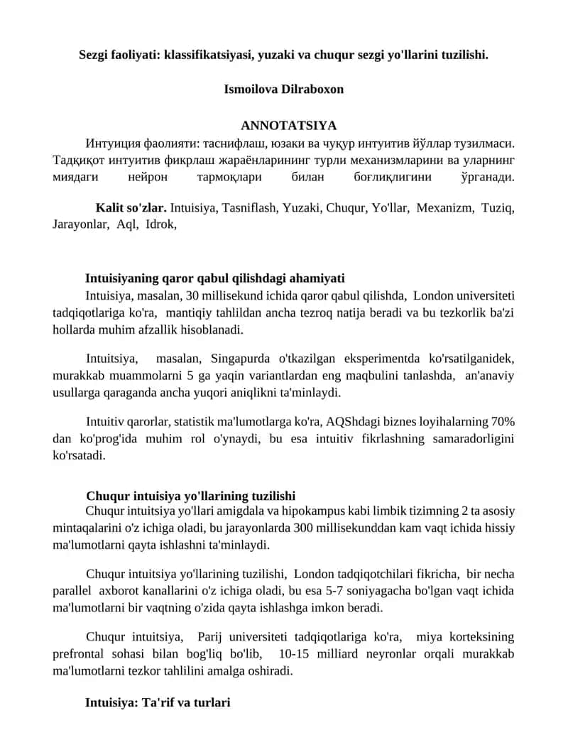 Sezgi faoliyati: klassifikatsiyasi, yuzaki va chuqur sezgi yo'llarini tuzilishi. 1