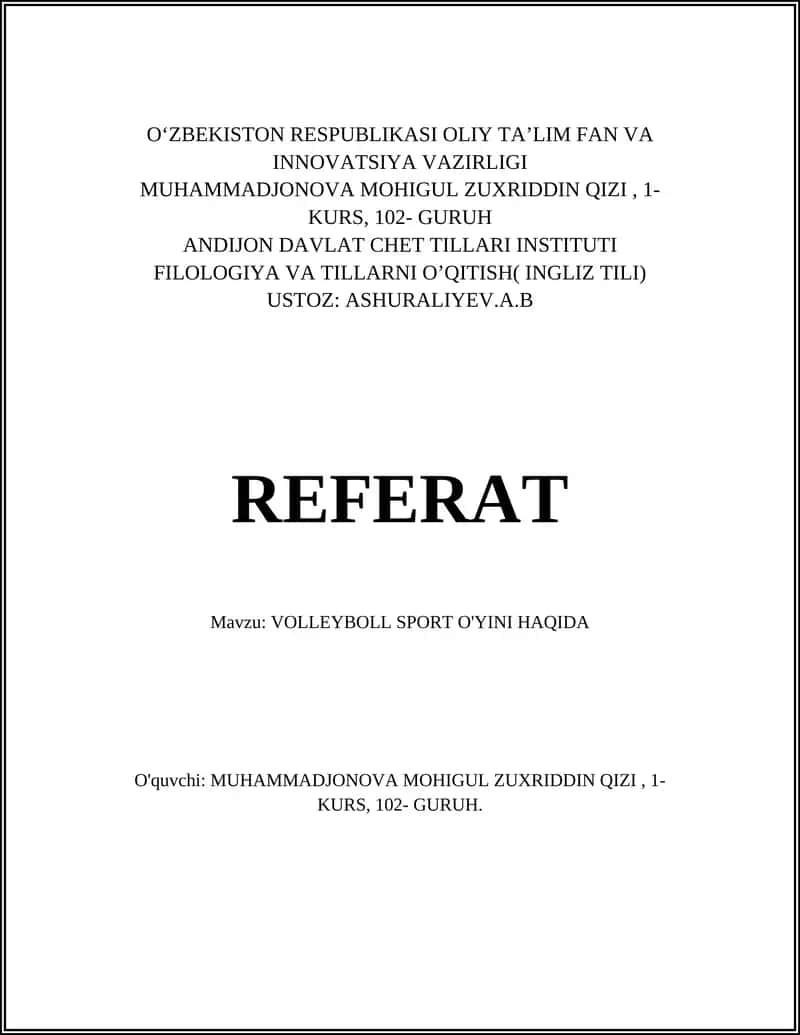 VOLLEYBOLL SPORT O'YINI HAQIDA 1