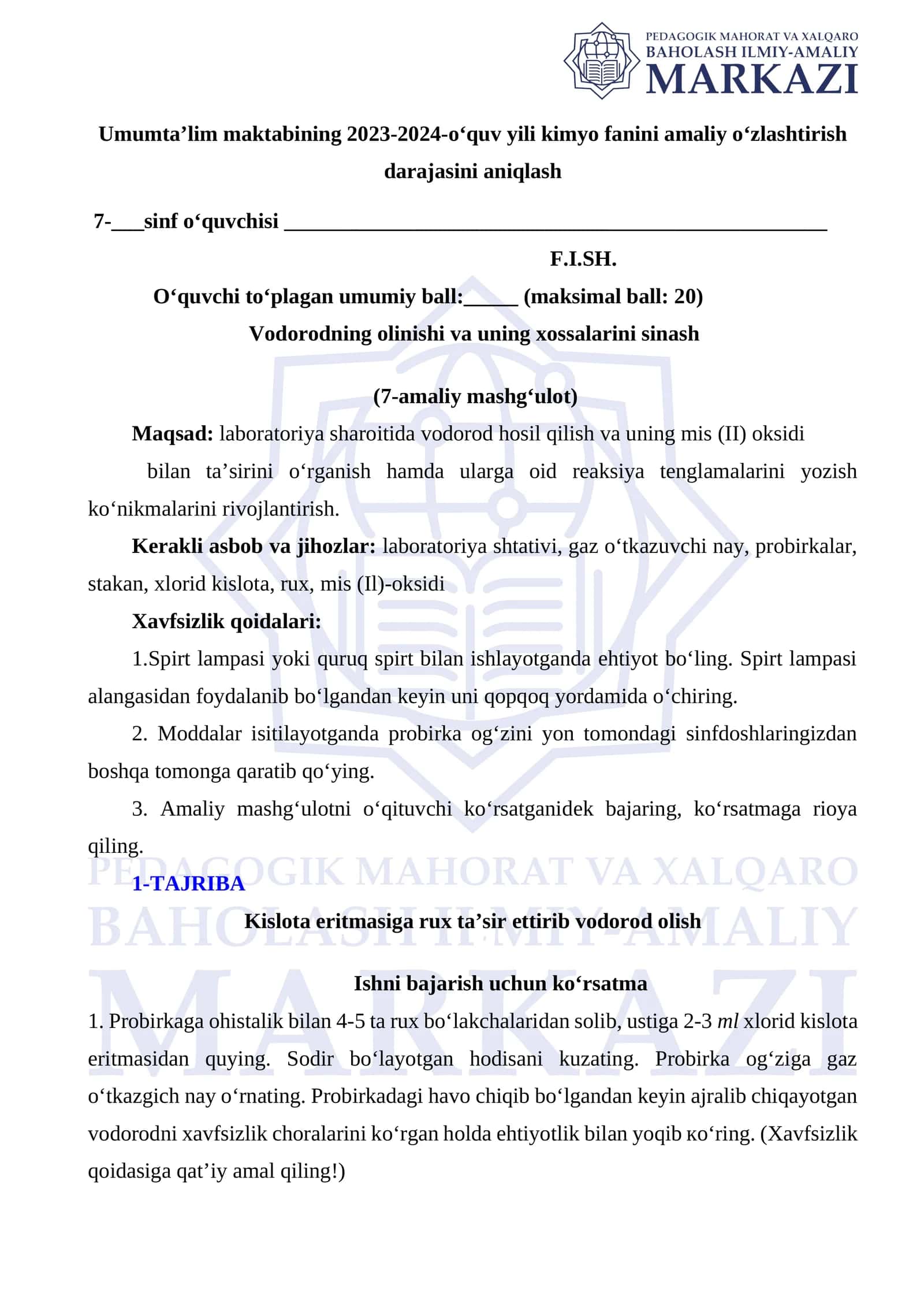Vodorodning olinishi va uning xossalarini sinash 1