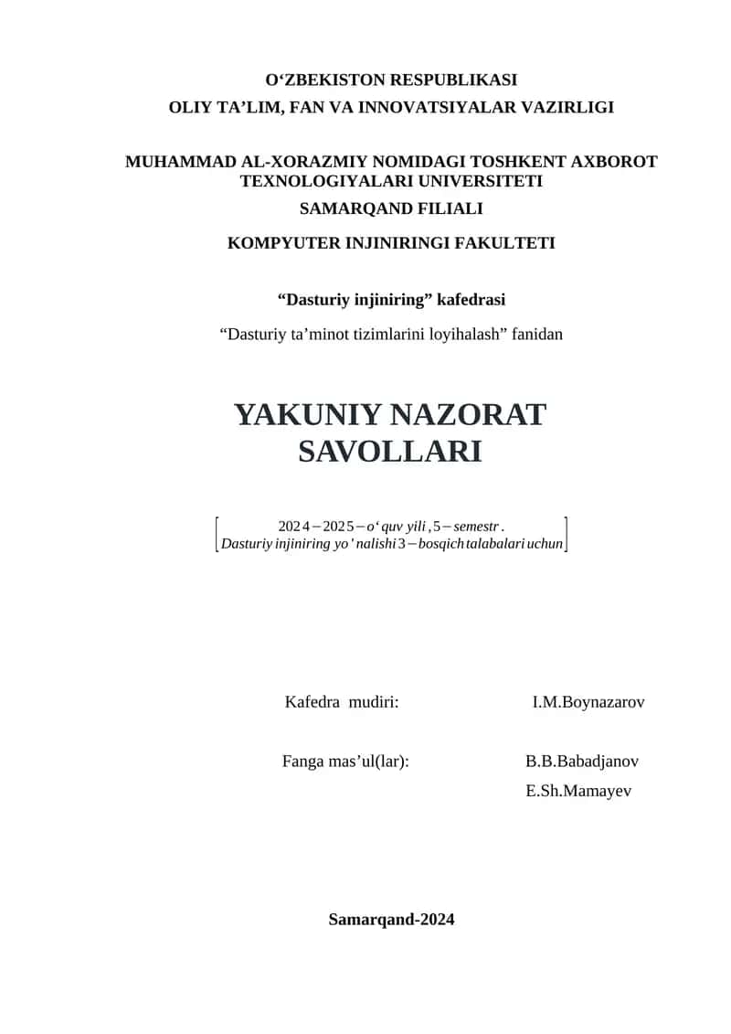 Dasturiy taʼminot tizimlarini loyihalash fanidan savollari 1