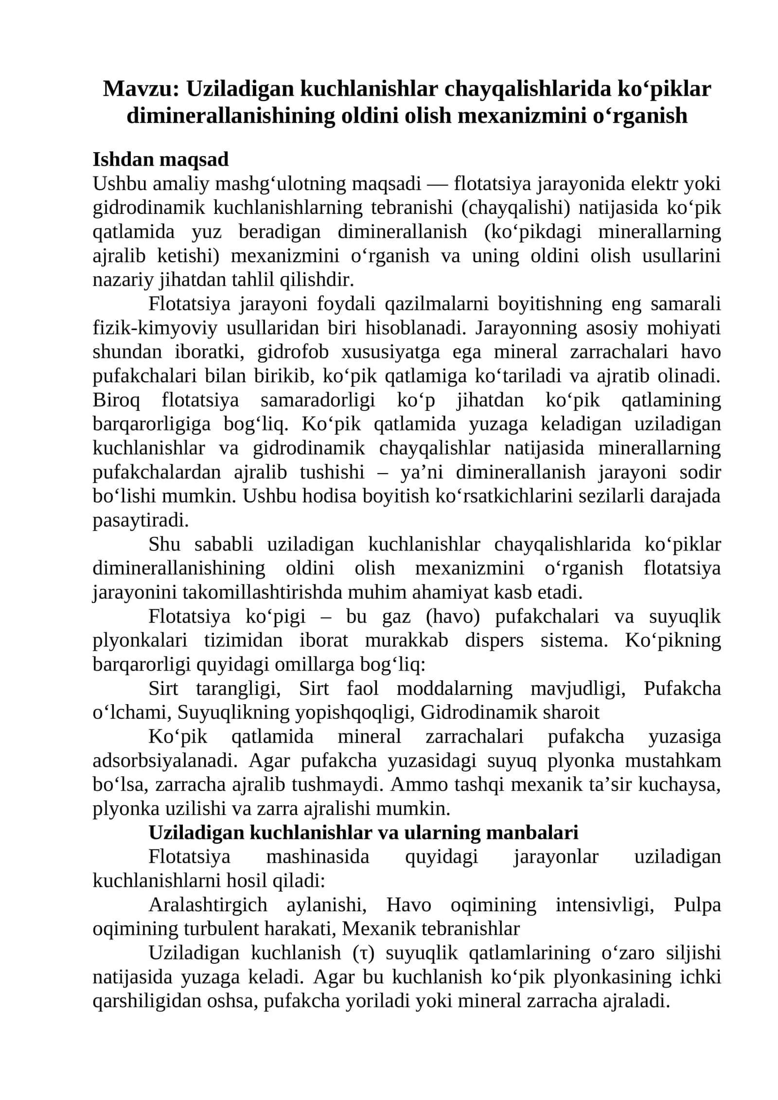 Uziladigan kuchlanishlar chayqalishlarida ko‘piklar diminerallanishining oldini olish mexanizmini o‘rganish 1