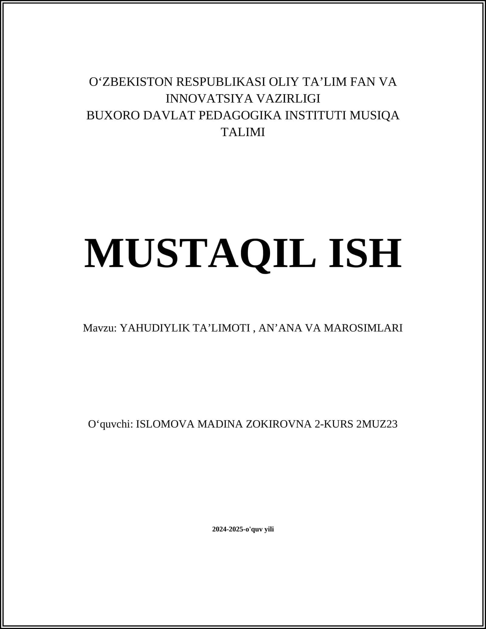 YAHUDIYLIK TA’LIMOTI, AN’ANA VA MAROSIMLARI 1