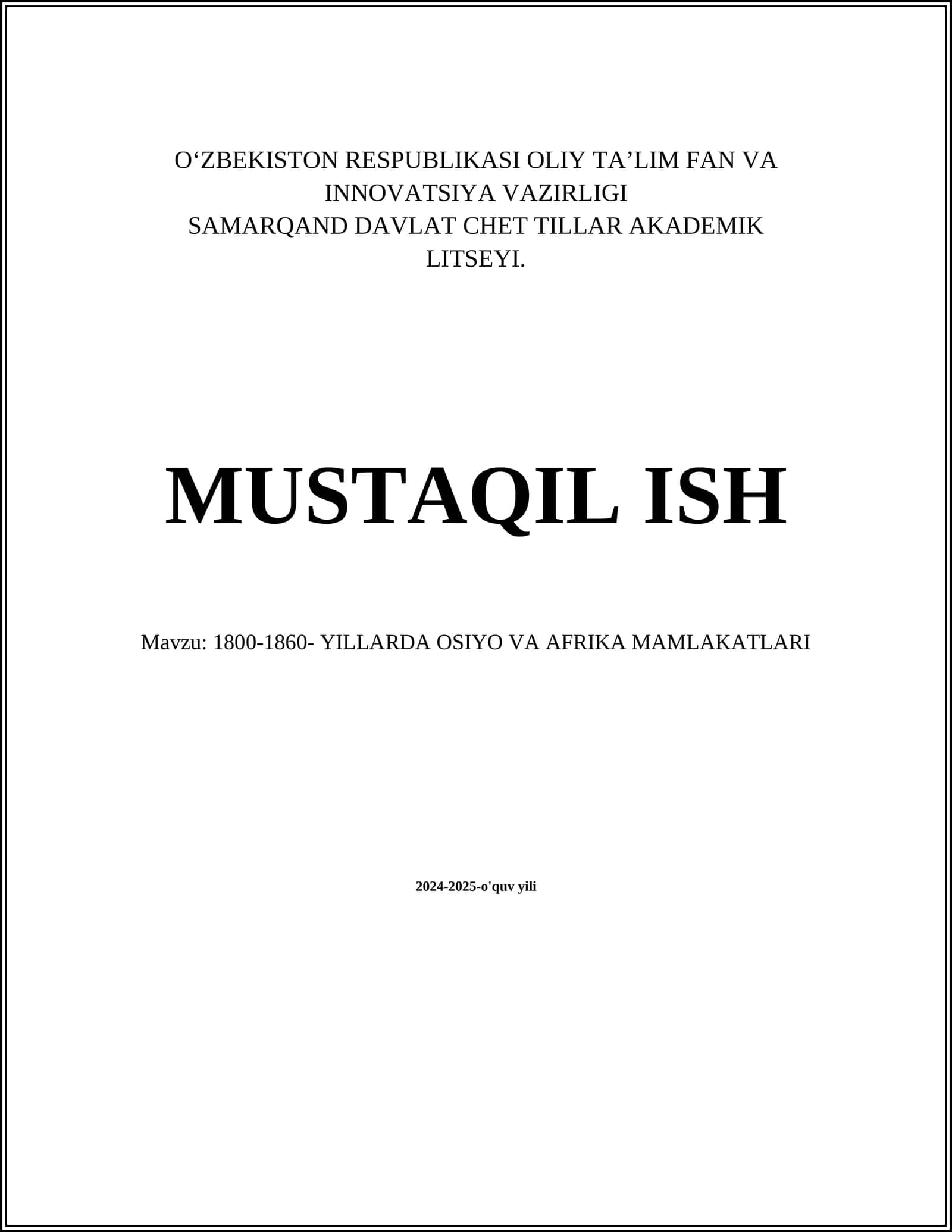 1800-1860 YILLARDA OSIYO VA AFRIKA MAMLAKATLARI 1