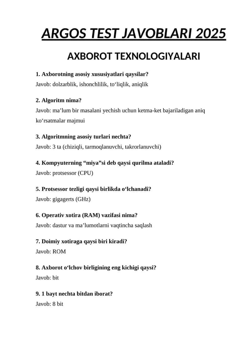 ARGOS TEST JAVOBLARI 2025 1