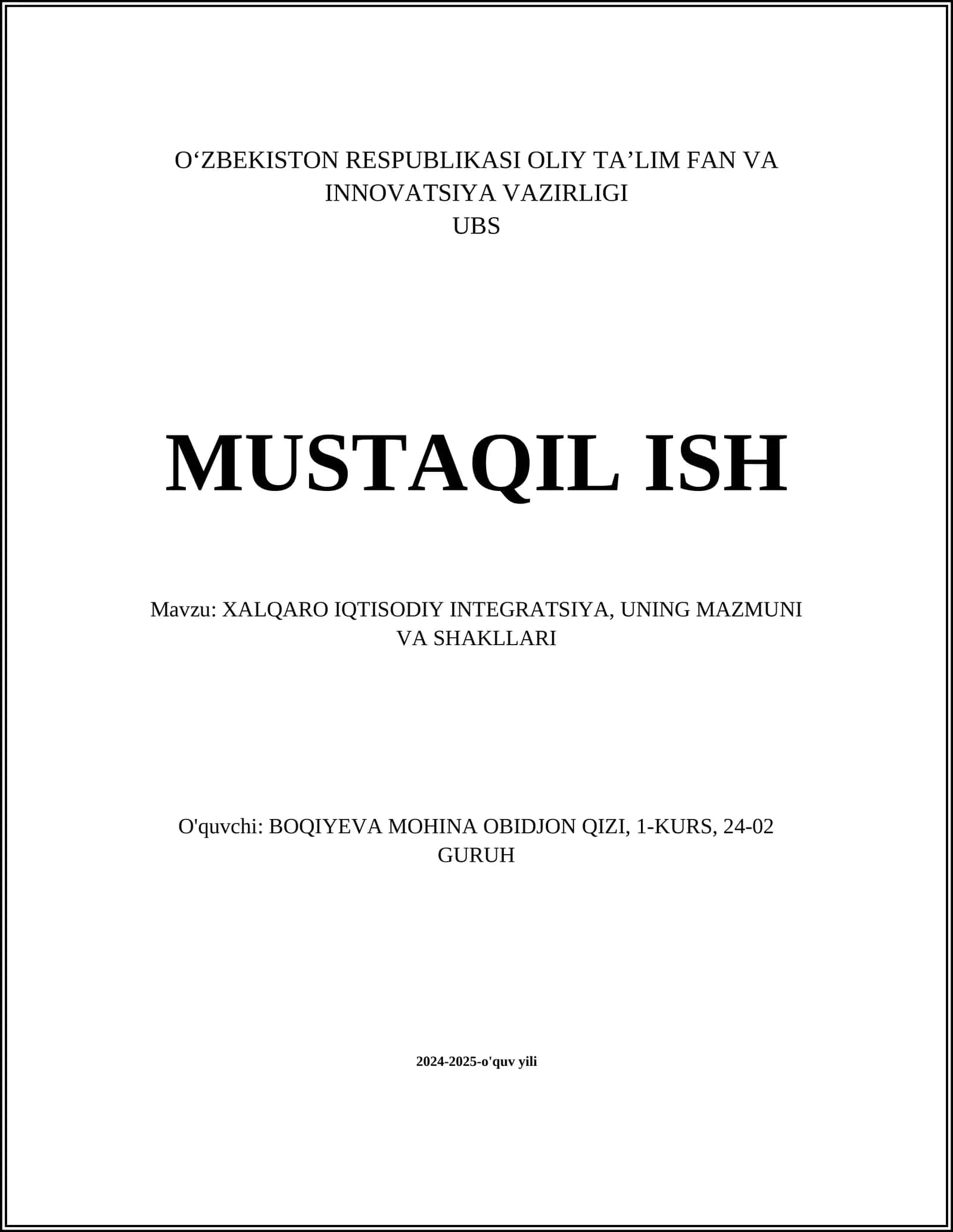 Xalqaro iqtisodiy integratsiya 1