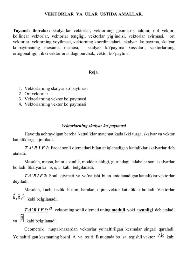 VЕKTORLAR  VA  ULAR  USTIDA AMALLAR. 1