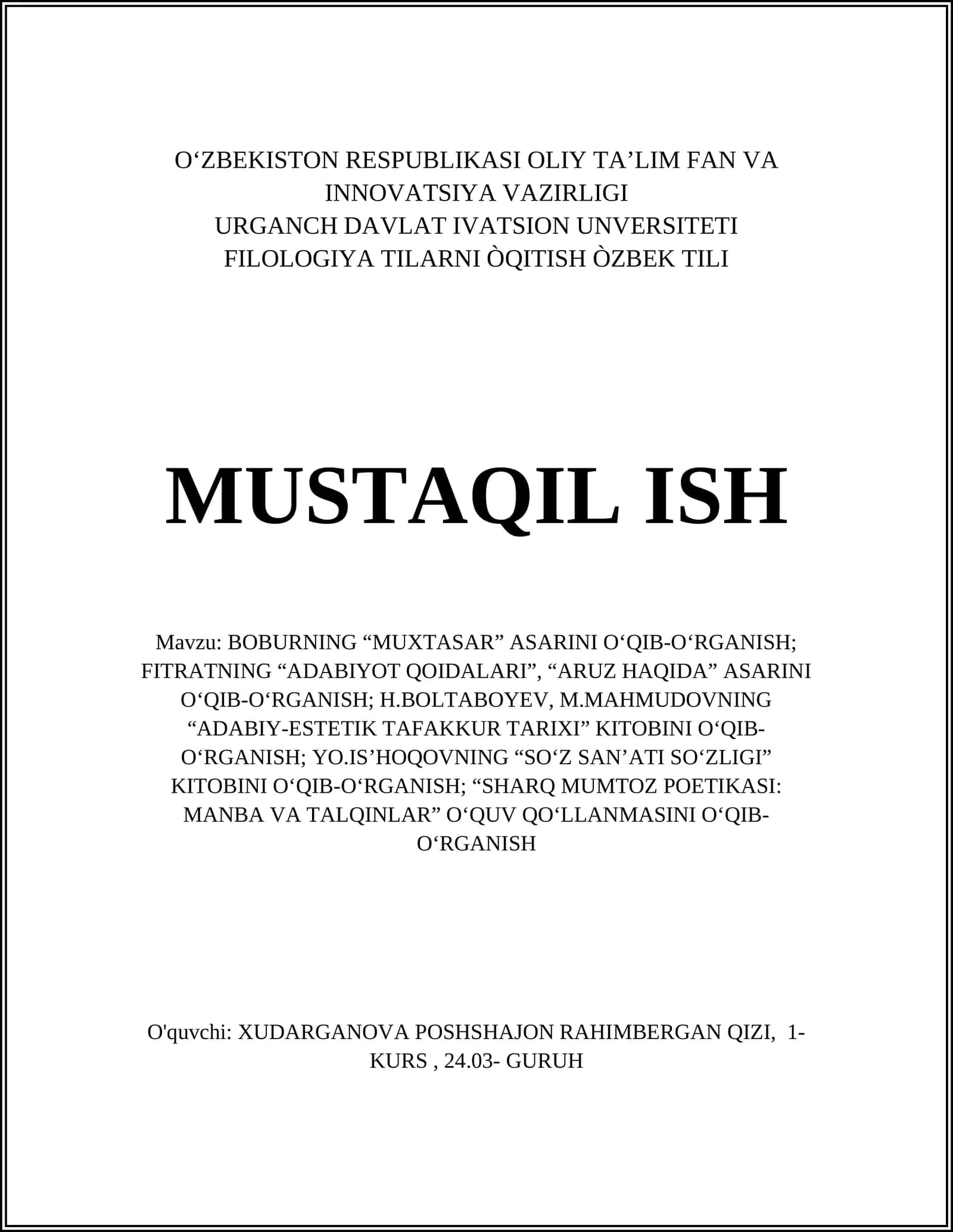 BOBURNING “MUXTASAR” ASARINI O‘QIB-O‘RGANISH 1