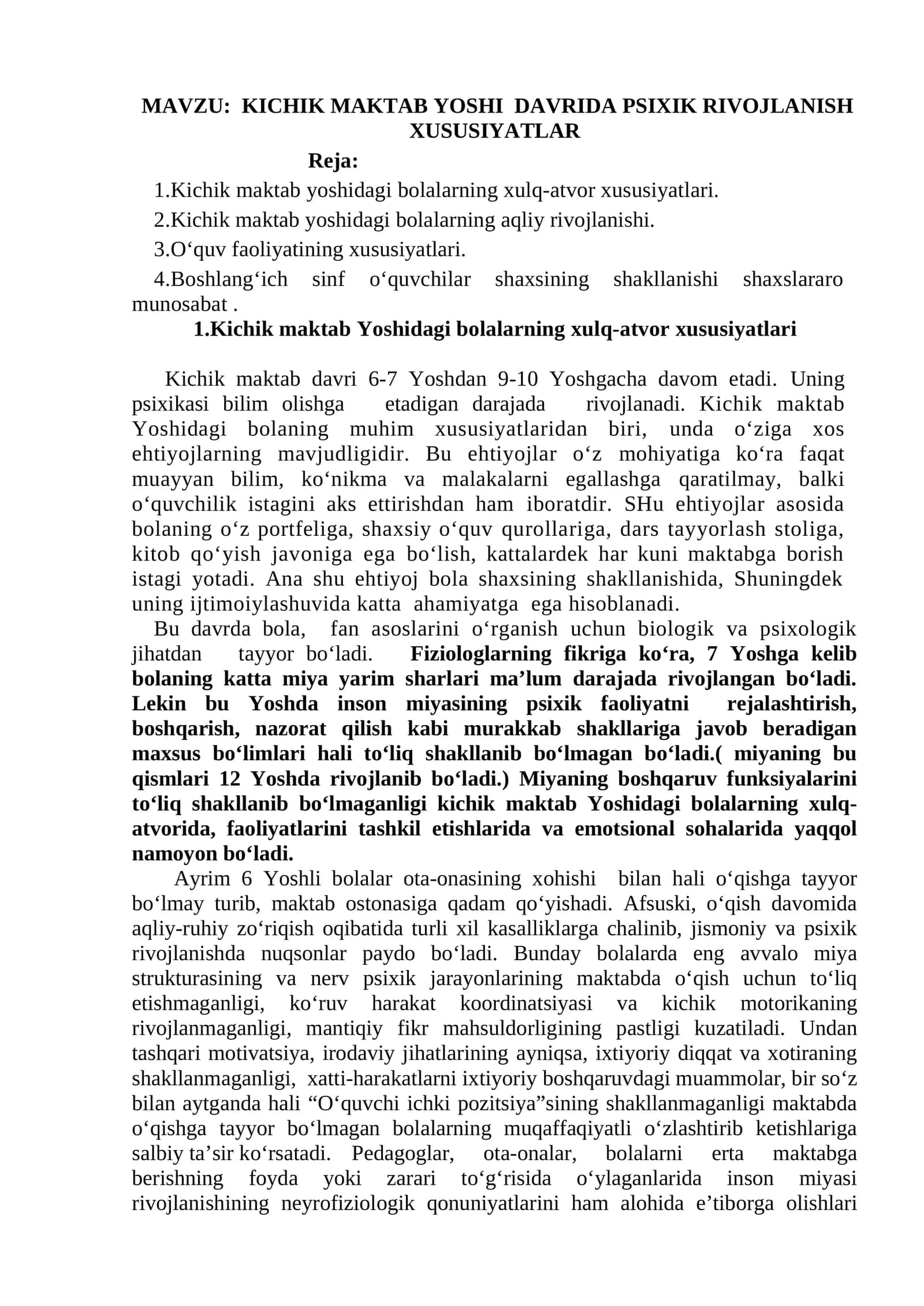 KICHIK MAKTAB YOSHI DAVRIDA PSIXIK RIVOJLANISH XUSUSIYATLAR 1