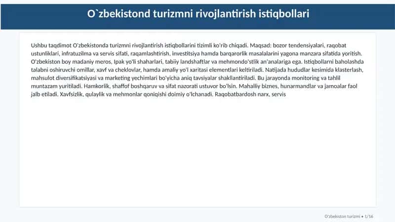 O`zbekistond turizmni rivojlantirish istiqbollari 1