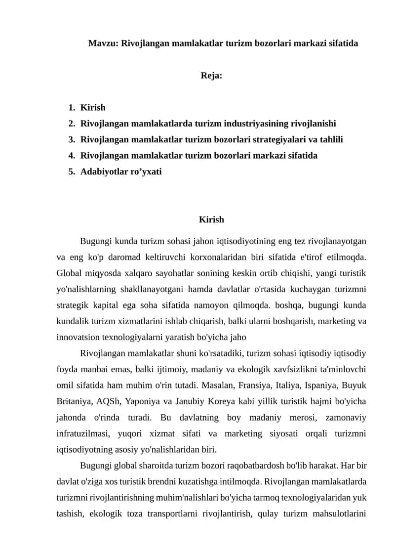 Rivojlangan mamlakatlar turizm bozorlari markazi sifatida 1