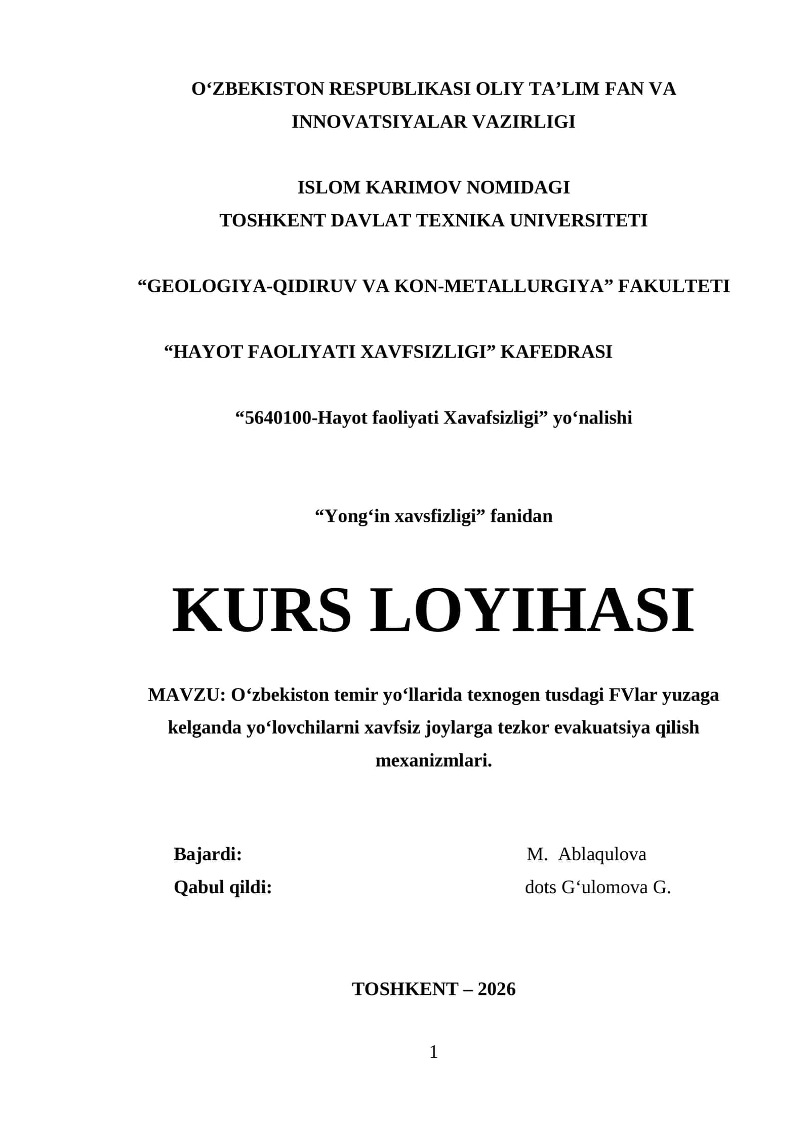 O‘zbekiston temir yo‘llarida texnogen tusdagi FVlar yuzaga kelganda yo‘lovchilarni xavfsiz joylarga tezkor evakuatsiya qilish mexanizmlari 1