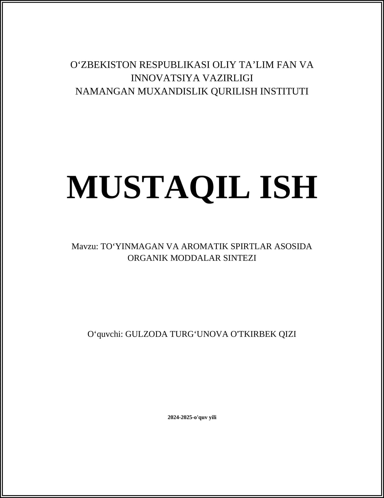 TOʻYINMAGAN VA AROMATIK SPIRTLAR ASOSIDA ORGANIK MODDALAR SINTEZI 1