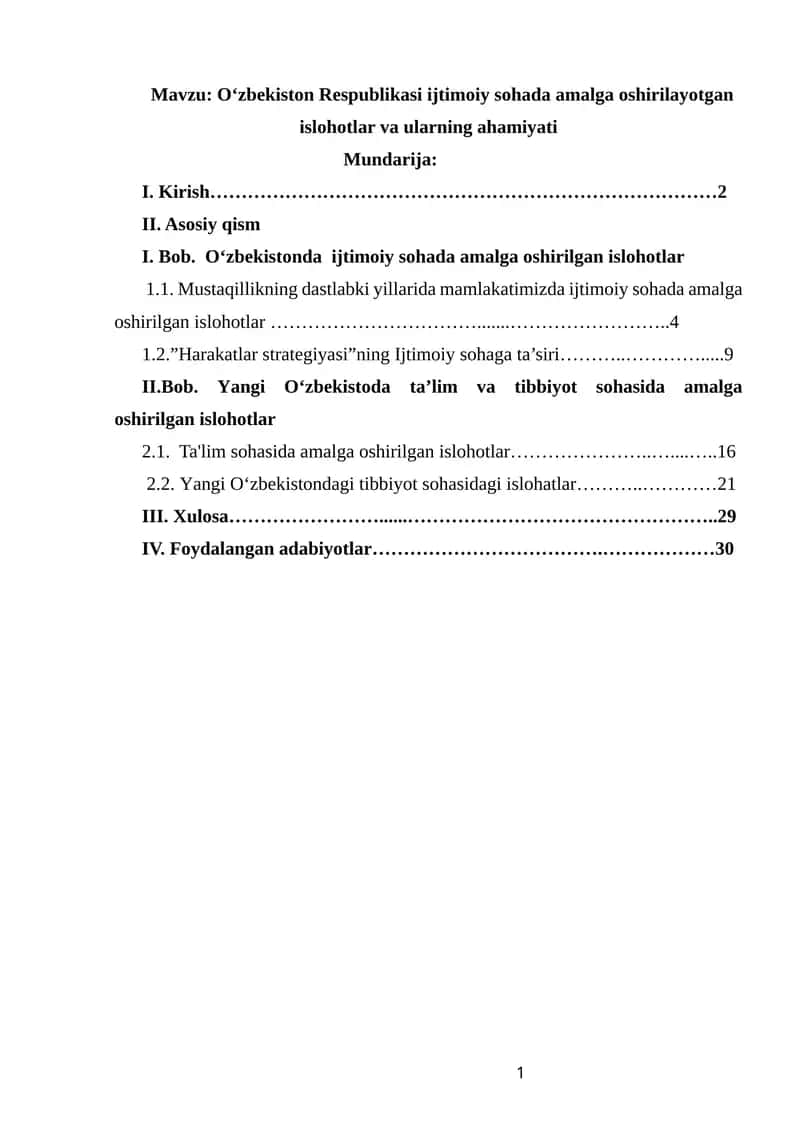 O‘zbekiston Respublikasi ijtimoiy sohada amalga oshirilayotgan islohotlar va ularning ahamiyati 1