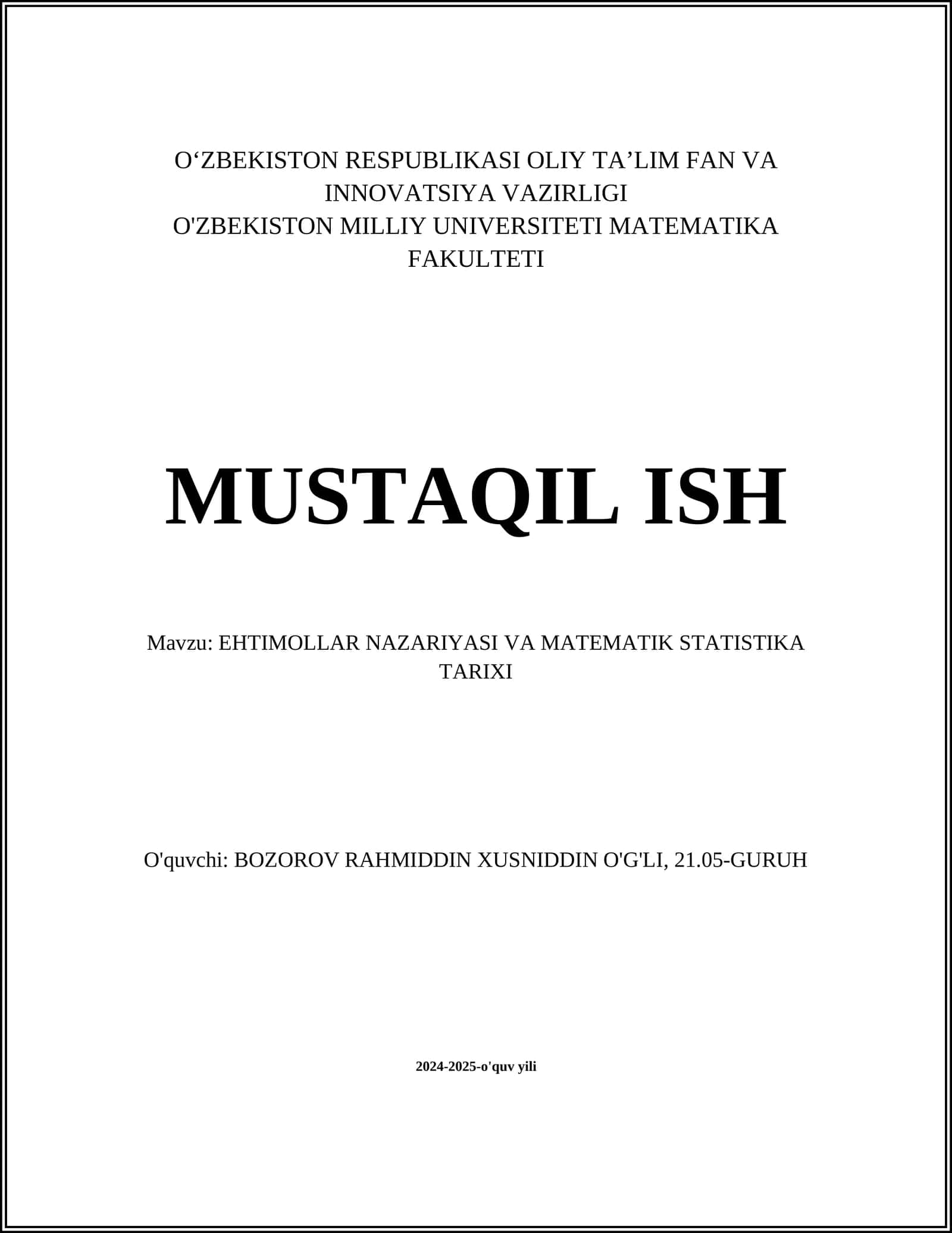 Ehtimollar Nazariyasi va Matematik Statistika Tarixi 1