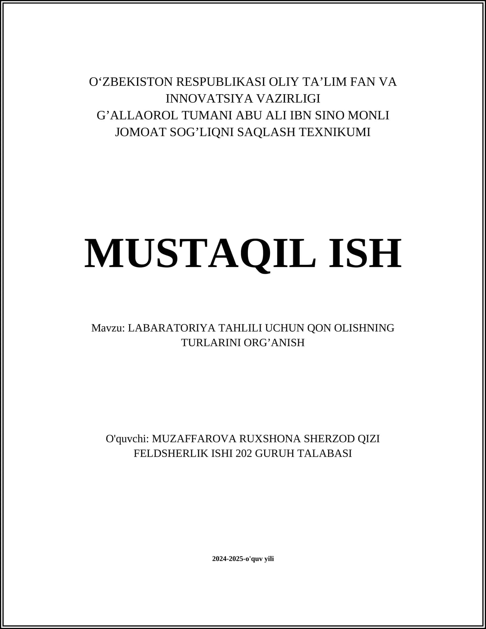 LABARATORIYA TAHLILI UCHUN QON OLISHNING TURLARINI ORG’ANISH 1