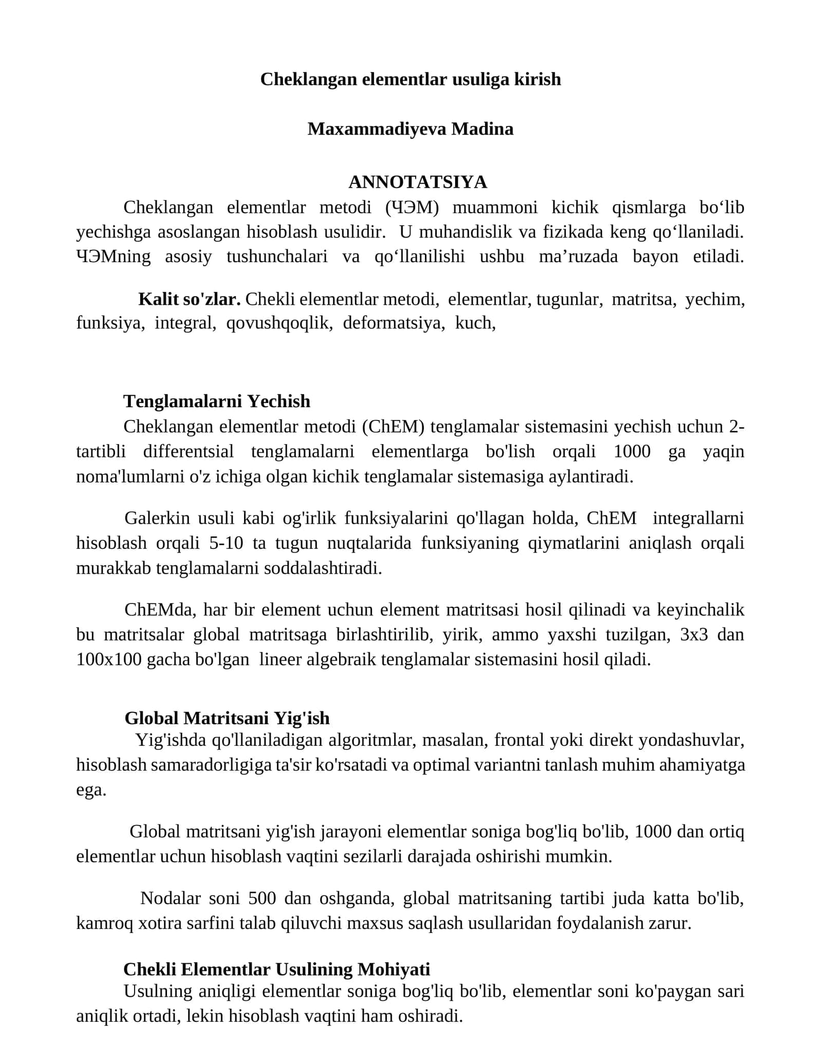 Cheklangan elementlar usuliga kirish 1