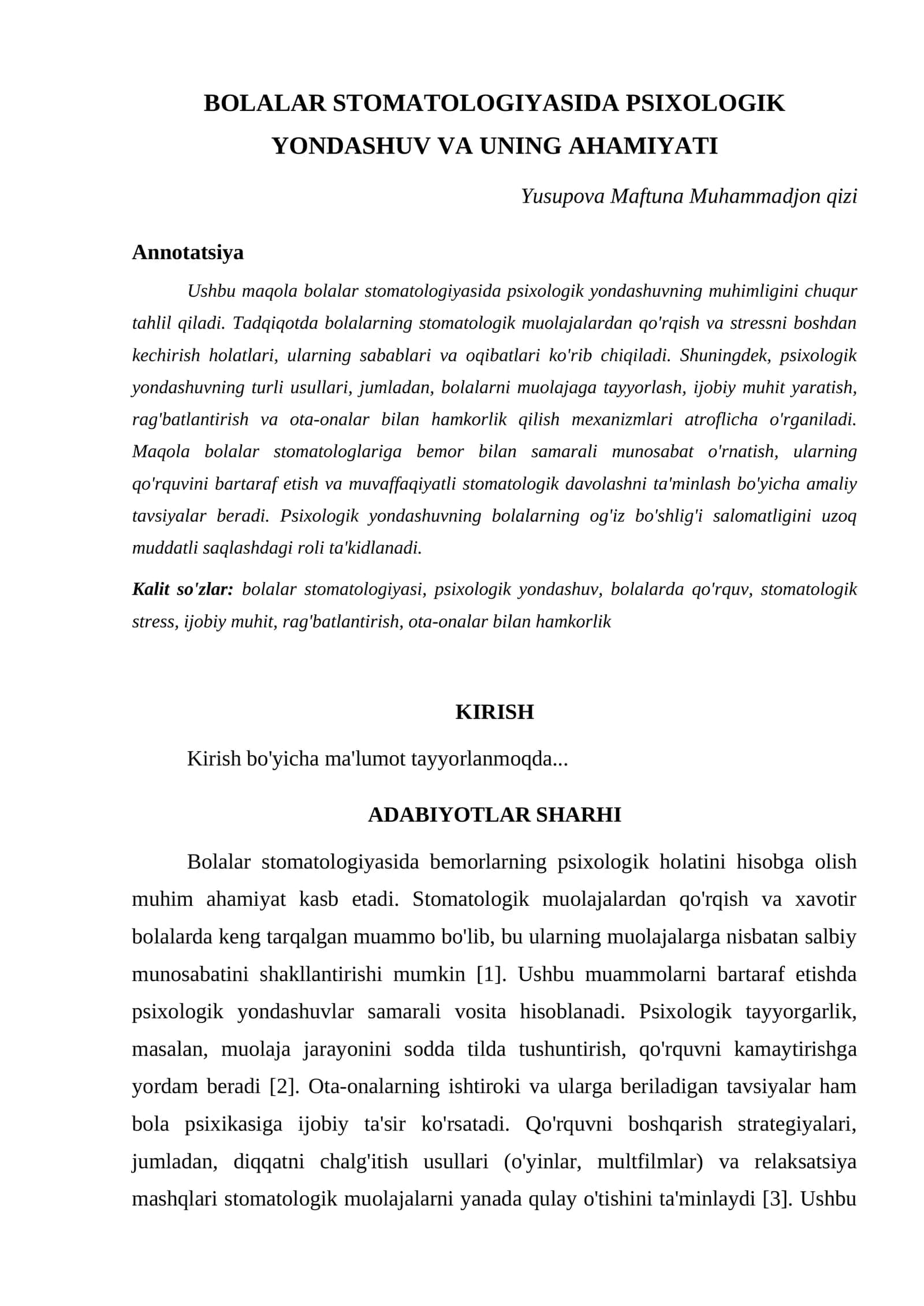 BOLALAR STOMATOLOGIYASIDA PSIXOLOGIK YONDASHUV VA UNING AHAMIYATI 1