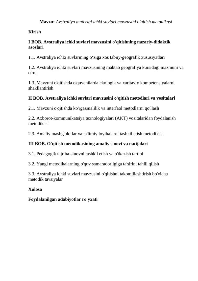 Avstraliya materigi ichki suvlari mavzusini o'qitish metodikasi 1
