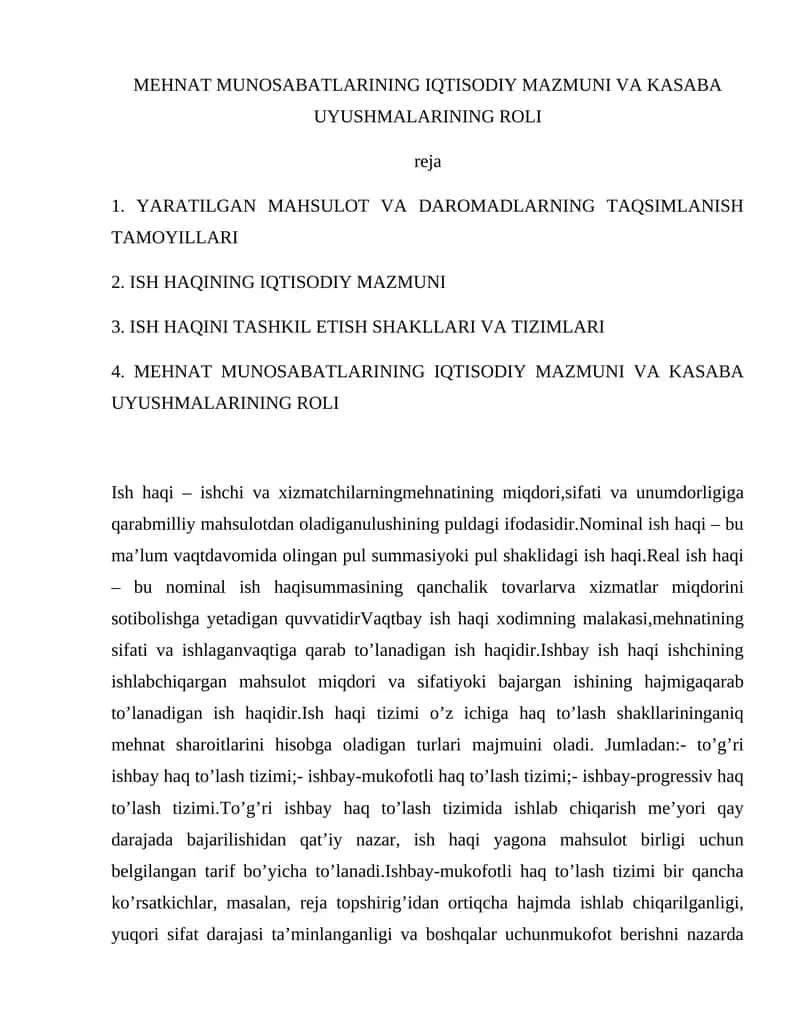 MEHNAT MUNOSABATLARINING IQTISODIY MAZMUNI VA KASABA UYUSHMALARINING ROLI 1
