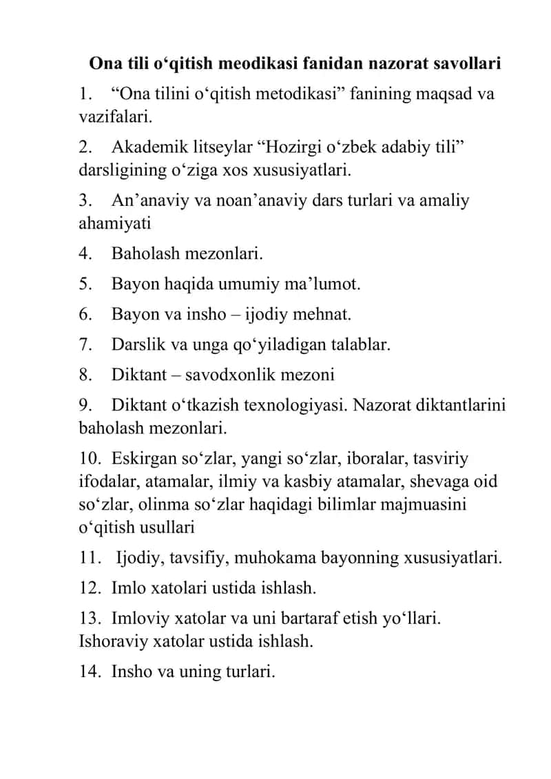 ona tili o'qitish metodikasi fanidan savollar 1