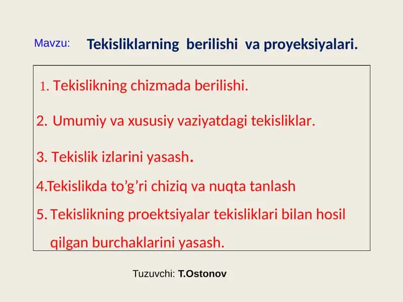 Tekisliklarning berilishi va proyeksiyalari 1