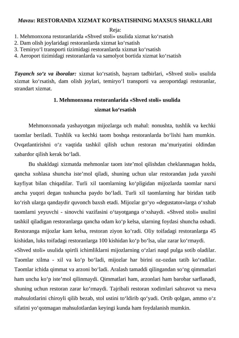 RESTORANDA XIZMAT KO‘RSATISHNING MAXSUS SHAKLLARI 1