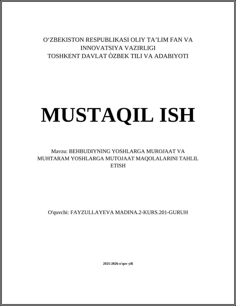 BEHBUDIYNING YOSHLARGA MUROJAAT VA MUHTARAM YOSHLARGA MUTOJAAT MAQOLALARINI TAHLIL ETISH 1