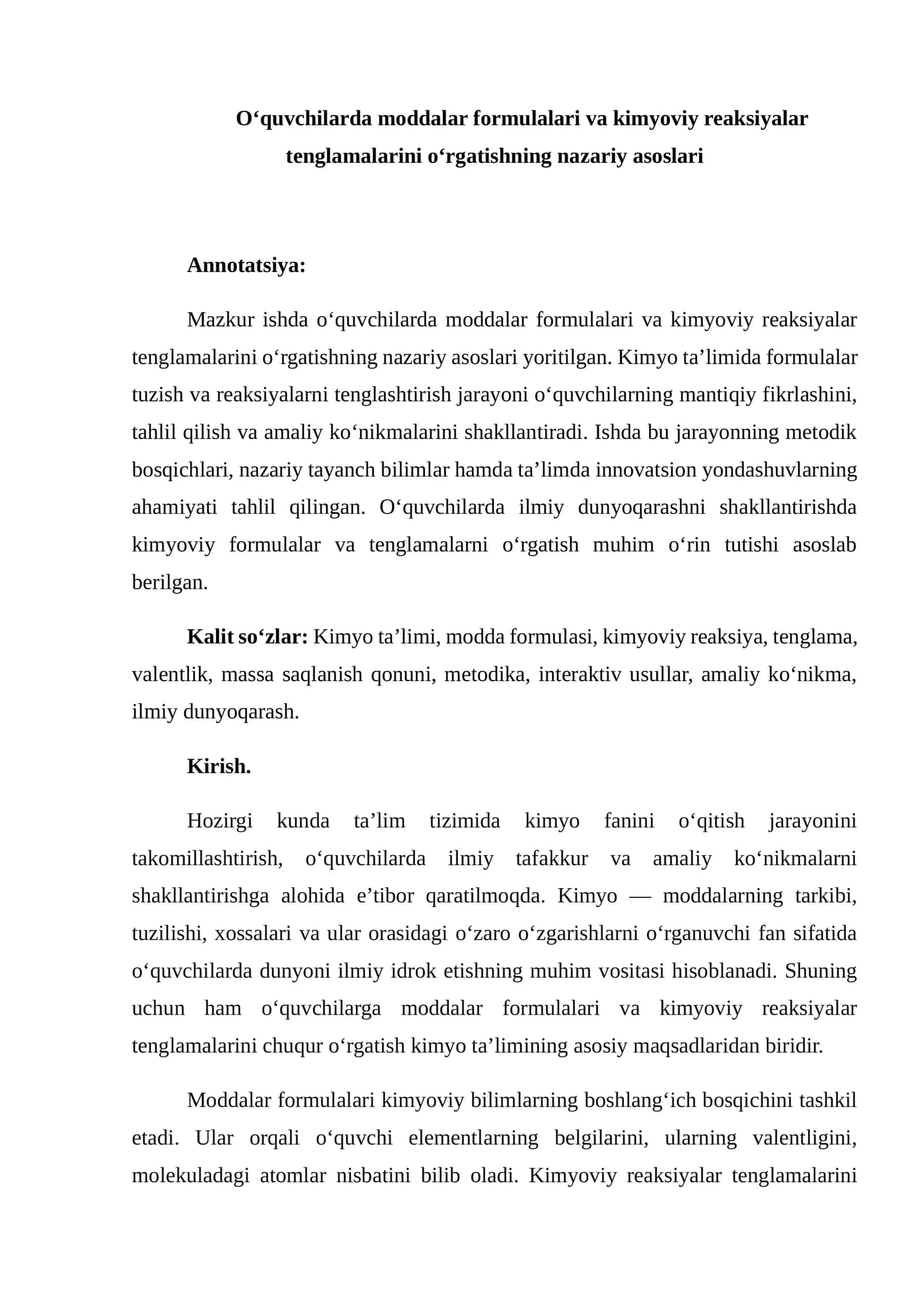 O‘quvchilarda moddalar formulalari va kimyoviy reaksiyalar tenglamalarini o‘rgatishning nazariy asoslari 1
