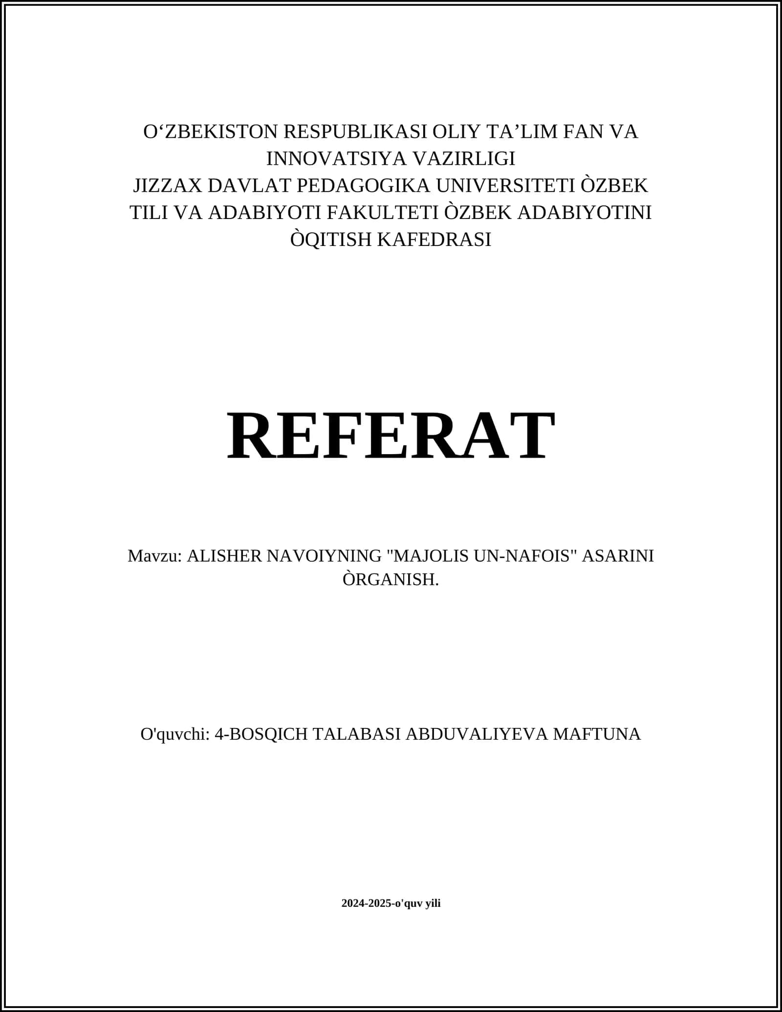 "Majolis un-nafois" asarini òrganish 1