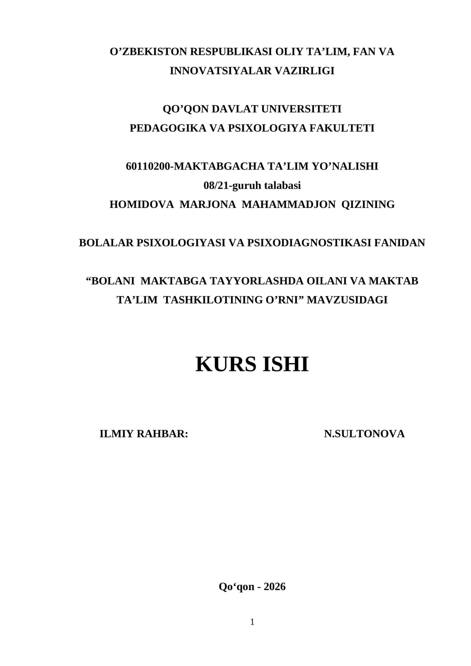 BOLALAR PSIXOLOGIYASI VA PSIXODIAGNOSTIKASI FANIDAN KURS ISHI 1