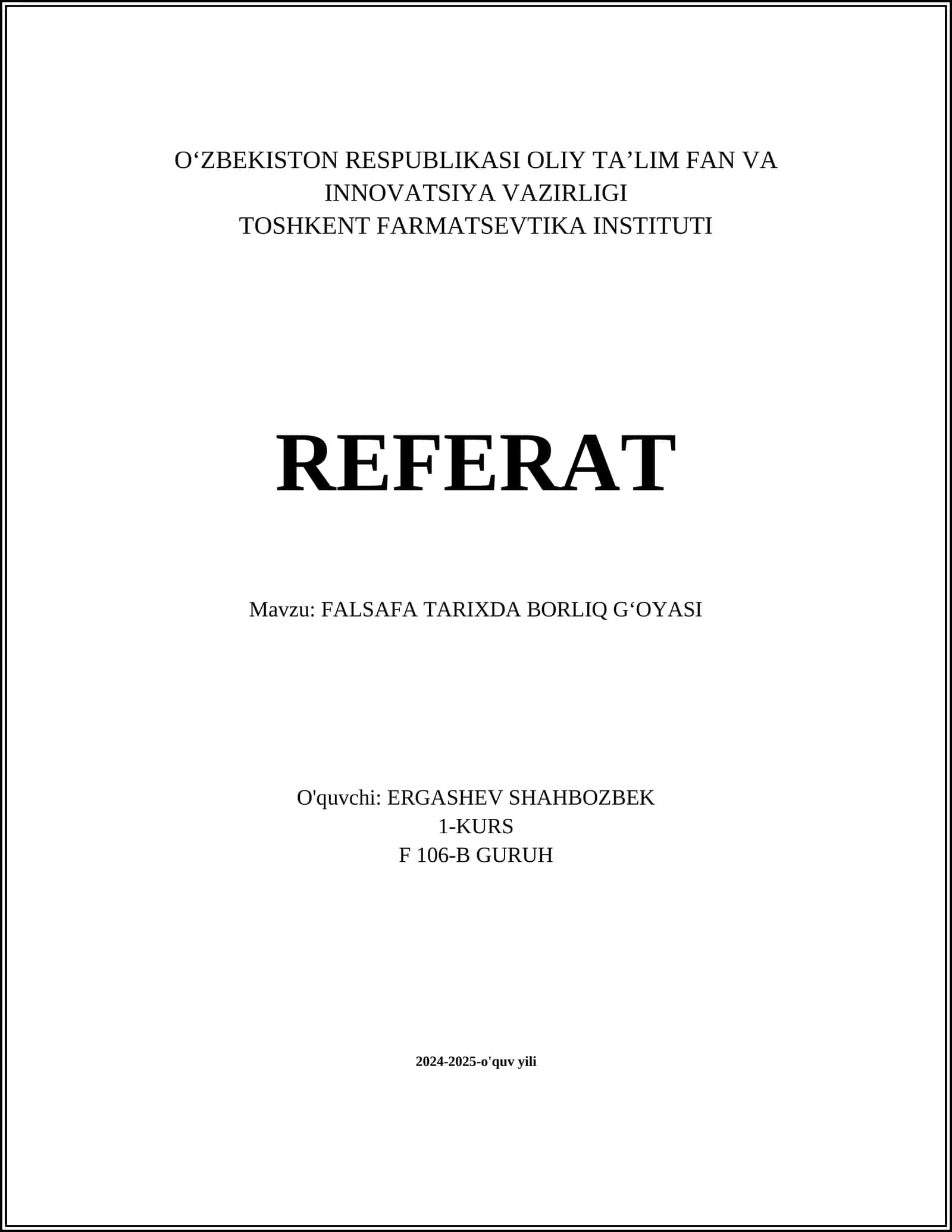 FALSAFA TARIXDA BORLIQ GʻOYASI 1