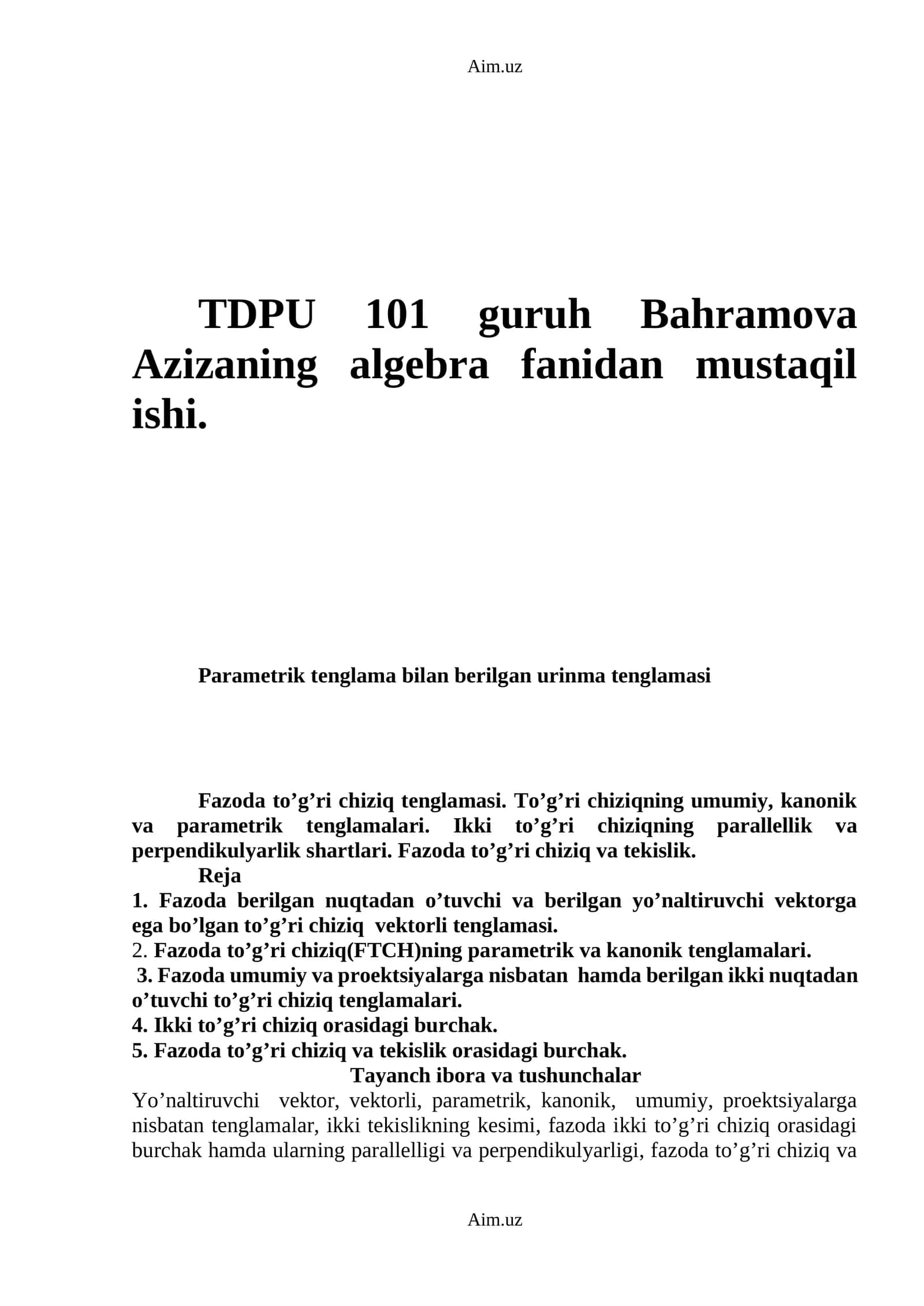 Bahramova Azizaning algebra fanidan mustaqil ishi 1