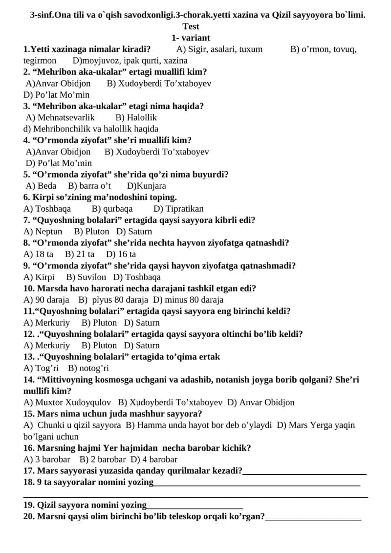 3-sinf.Ona tili va o`qish savodxonligi.3-chorak.yetti xazina va Qizil sayyoyora bo`limi 1