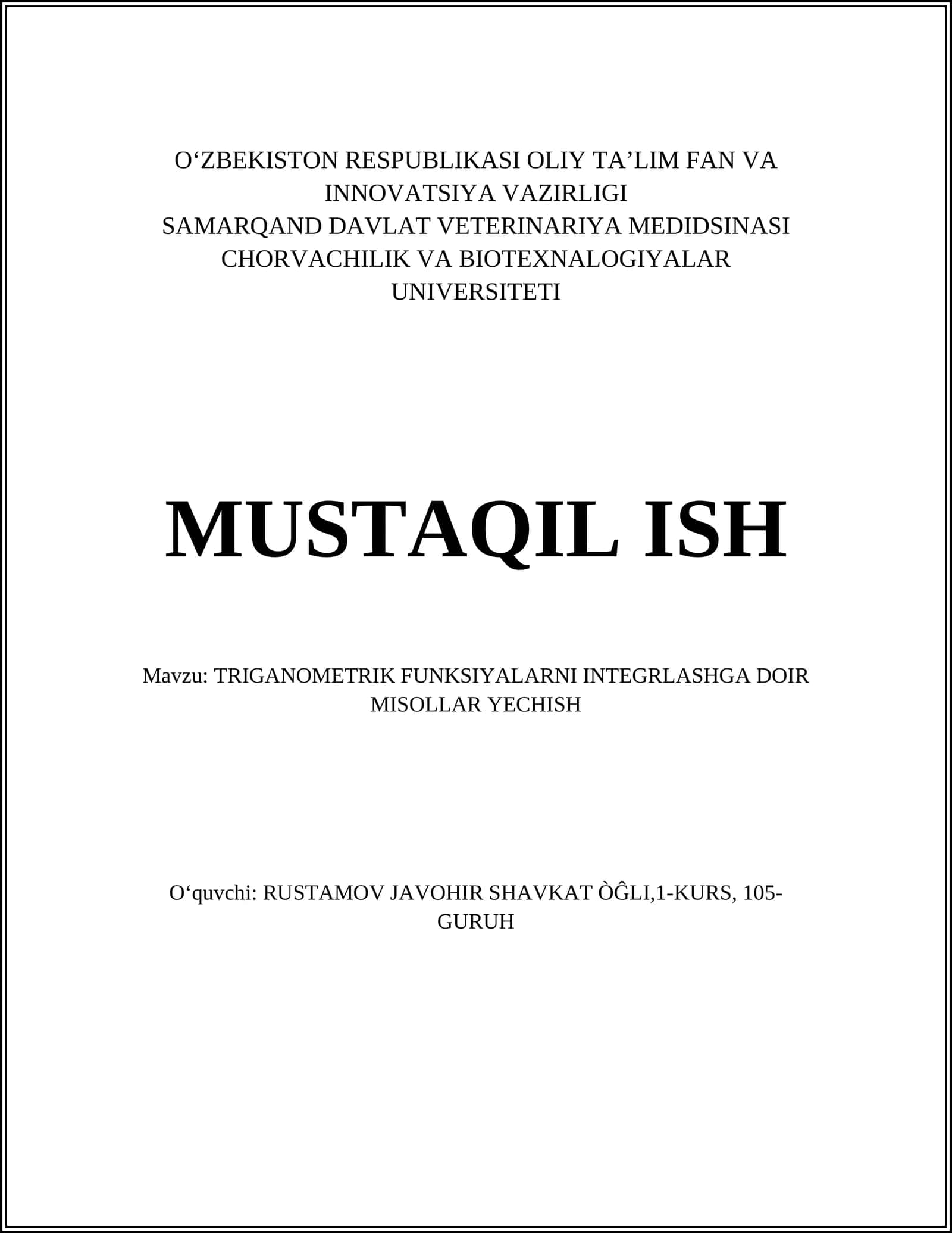 TRIGANOMETRIK FUNKSIYALARNI INTEGRLASHGA DOIR MISOLLAR YECHISH 1