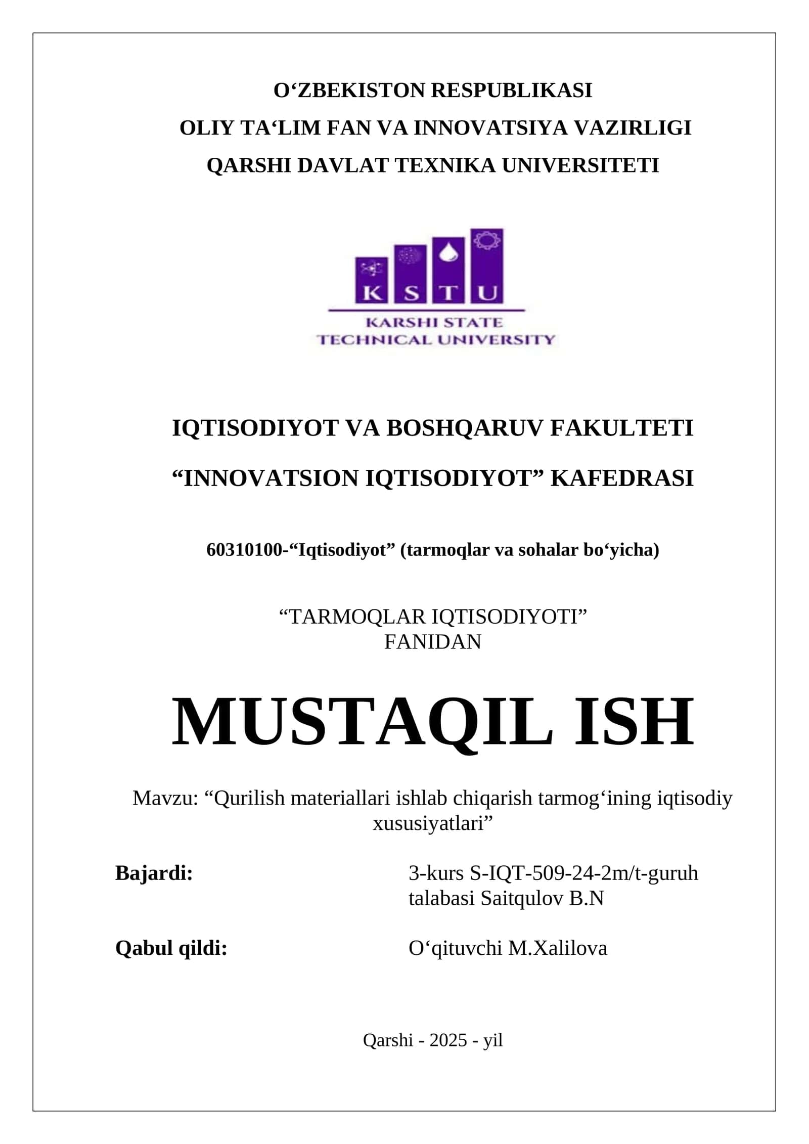 “Qurilish materiallari ishlab chiqarish tarmogʻining iqtisodiy xususiyatlari” 1