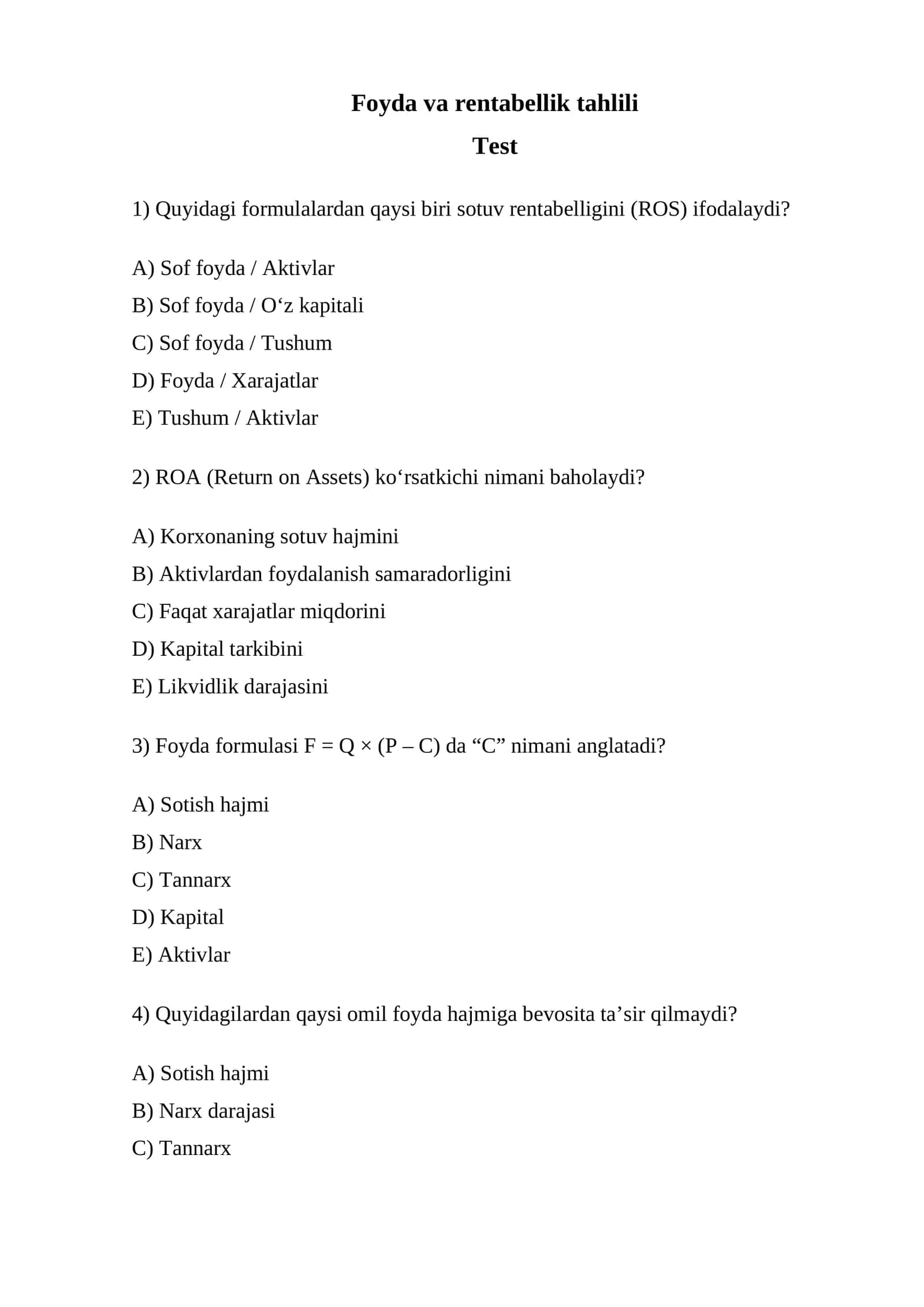 Foyda va rentabellik tahlili 1