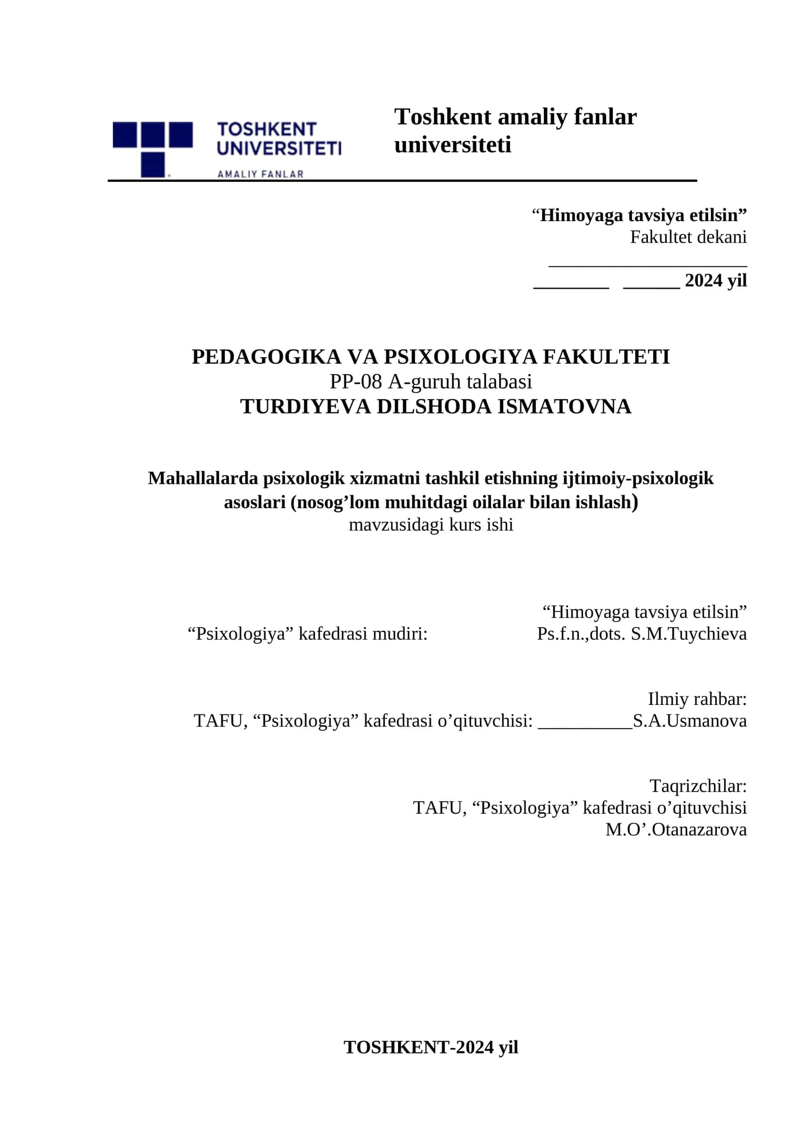 Himoyaga tavsiya etilsin, Psixologiya kursi 1