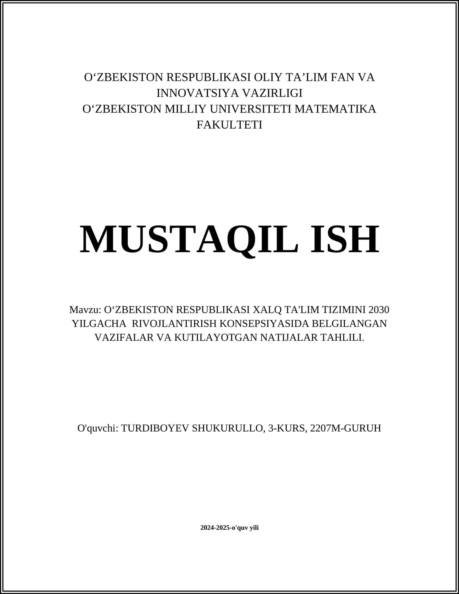 OʻZBEKISTON RESPUBLIKASI XALQ TA'LIM TIZIMINI 2030 YILGACHA RIVOJLANTIRISH KONSEPSIYASIDA BELGILANGAN VAZIFALAR VA KUTILAYOTGAN NATIJALAR TAHLILI 1