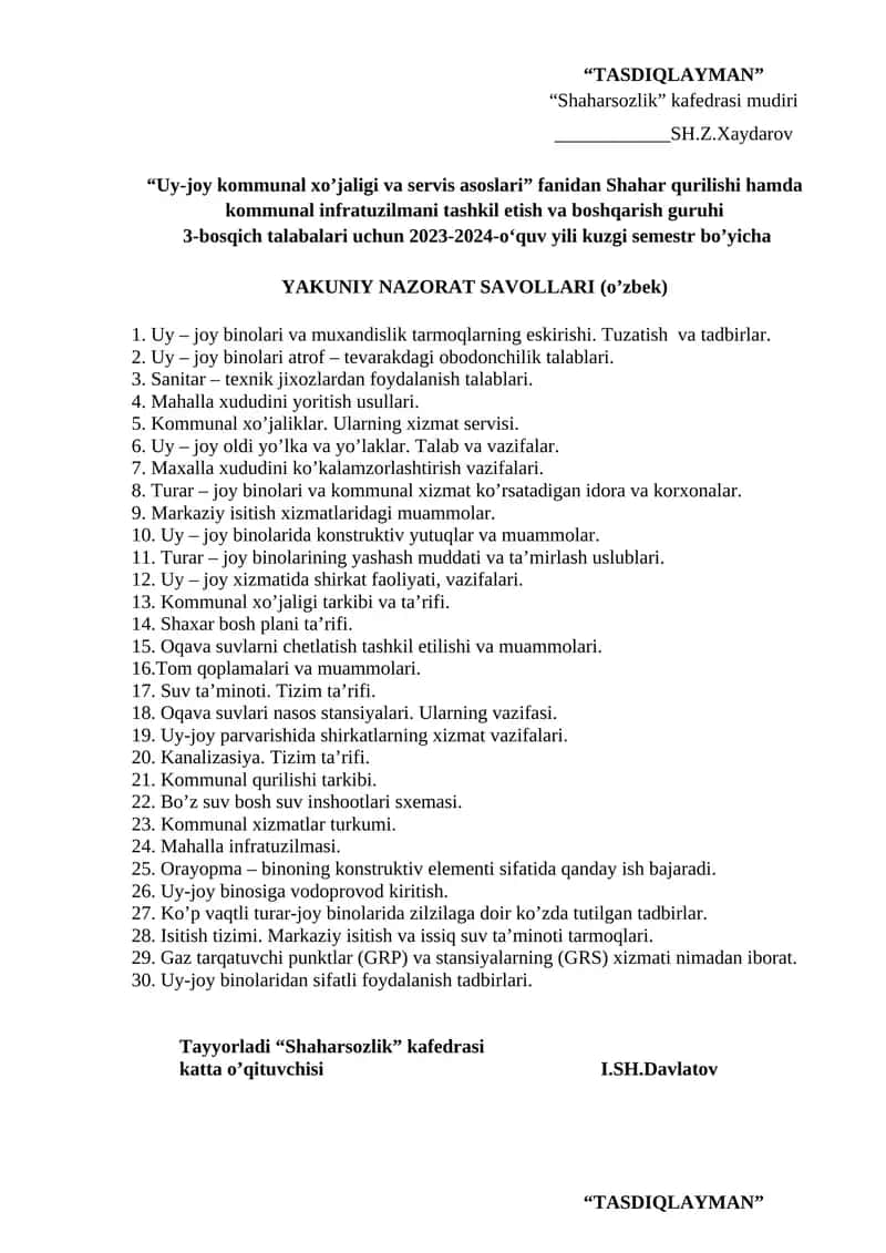 Uy-joy kommunal xo’jaligi va servis asoslari 1