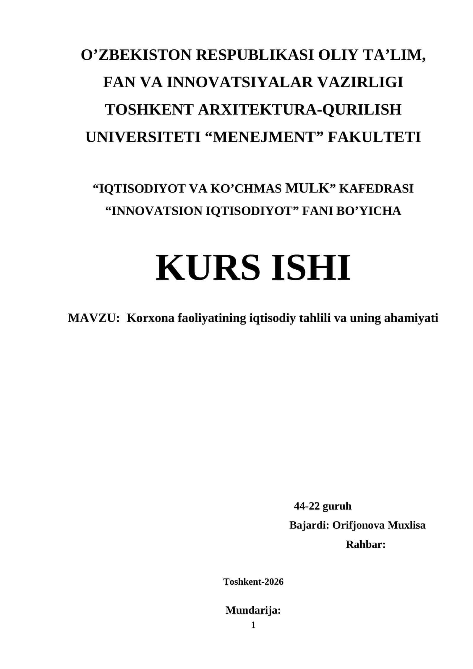 Korxona faoliyatining iqtisodiy tahlili va uning ahamiyati 1