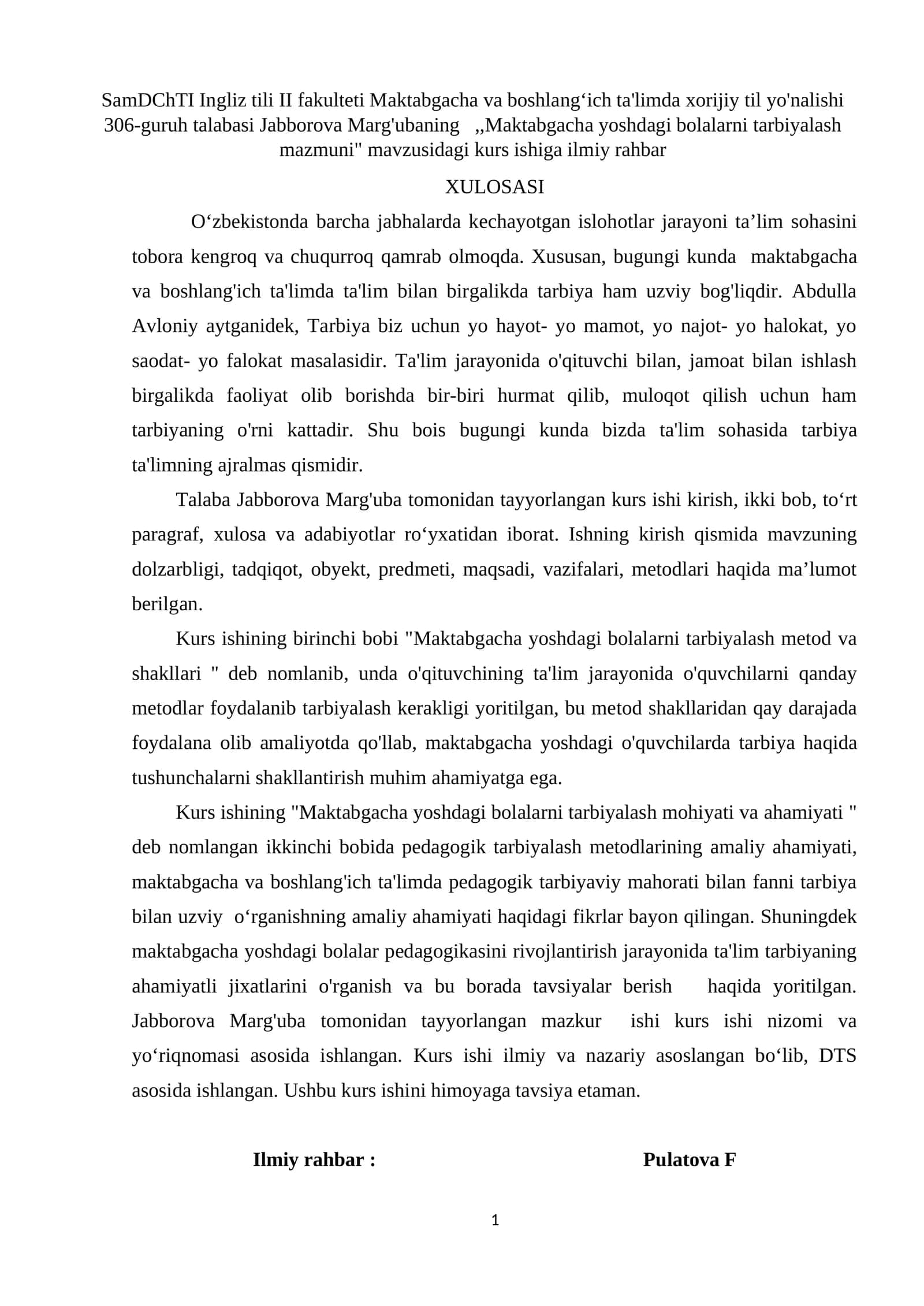 "Maktabgacha yoshdagi bolalarni tarbiyalash mazmuni" kurs ishi 1