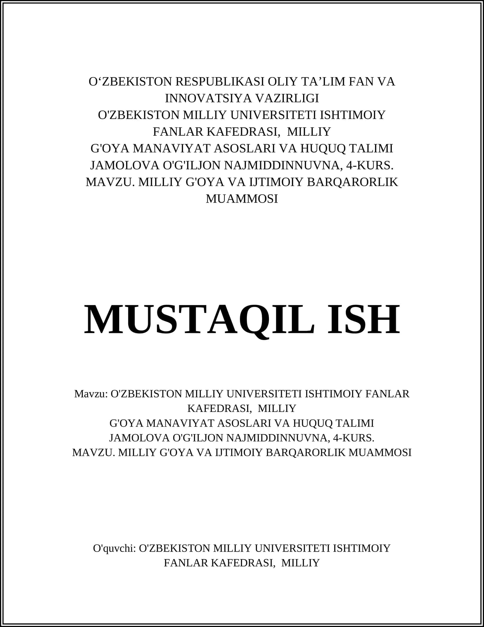 MILLIY G'OYA VA IJTIMOIY BARQARORLIK MUAMMOSI 1