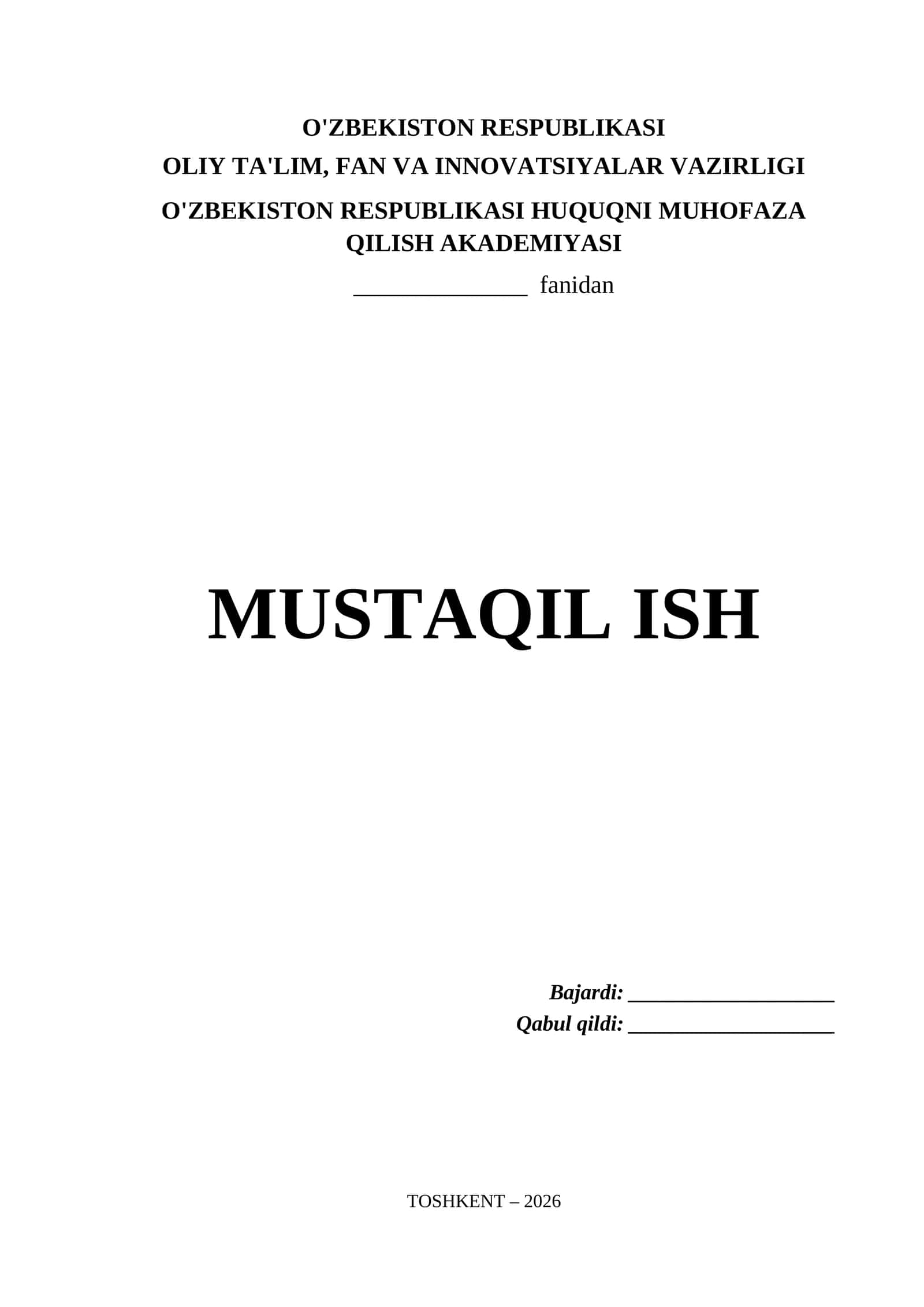 O'zbekiston Respublikasi Huquqni Muhofaza Qilish Akademiyasi Mustaqil Ish Titul Varaq (.docx)v 1