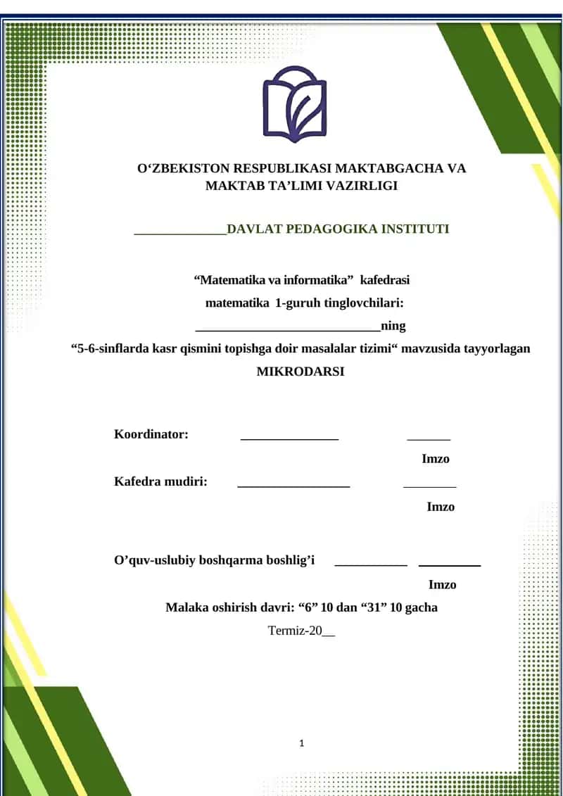5-6-sinflarda kasr qismini topishga doir masalalar tizimi mikrodars 1