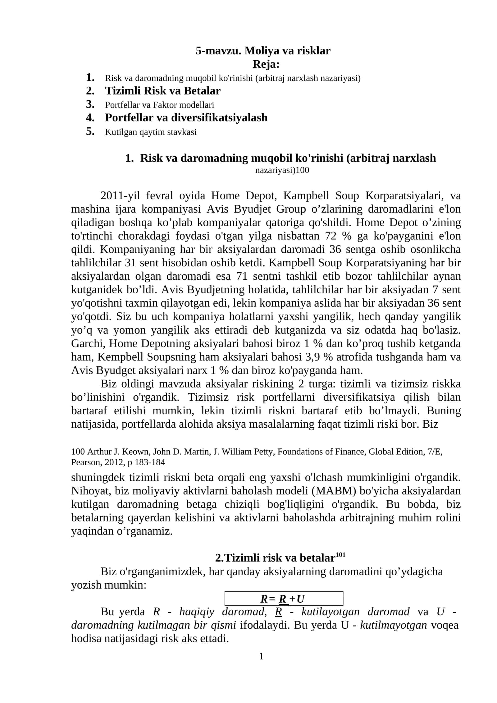 5-mavzu. Moliya va risklar 1
