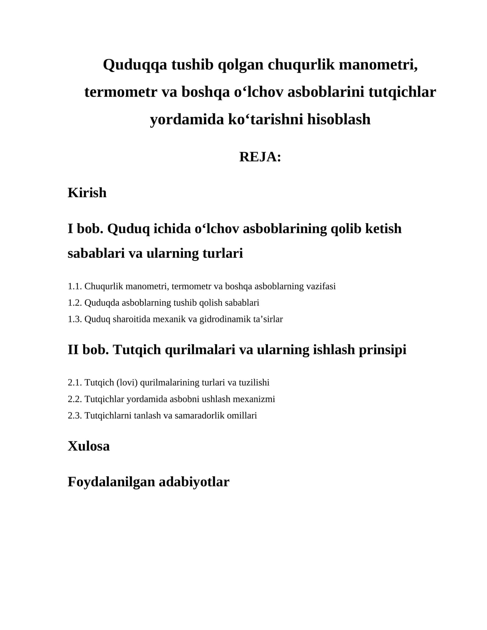 Quduqqa tushib qolgan chuqurlik manometri, termometr va boshqa o‘lchov asboblarini tutqichlar yordamida ko‘tarishni hisoblash 1