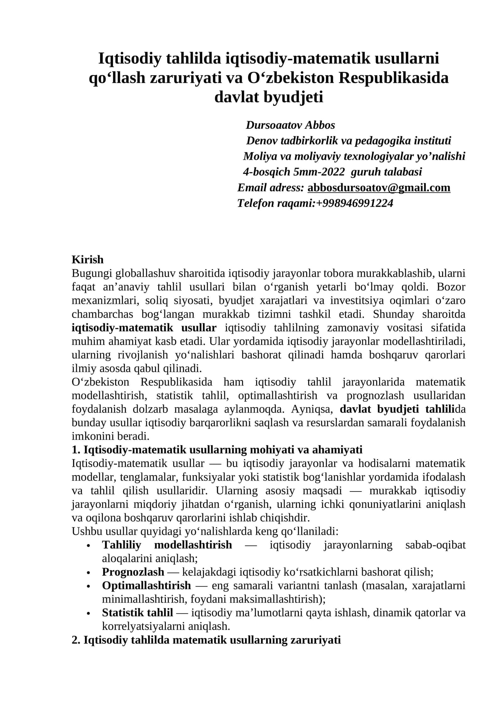 Iqtisodiy tahlilda iqtisodiy-matematik usullarni qo‘llash zaruriyati va O‘zbekiston Respublikasida davlat byudjeti 1